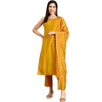 Libas Gerua Womens Solid Silk Blend Straight Kurta With Trousers And Dupatta