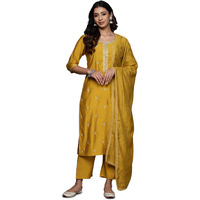 Libas Gerua Womens Embroidered Silk Blend Straight Kurta With Trousers And Dupatta