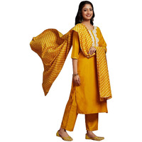 Libas Womens Solid Silk Blend Straight Kurta With Trousers And Dupatta