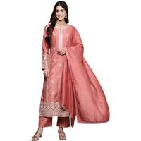 Libas Womens Embroidered Silk Blend Straight Kurta With Trousers And Dupatta