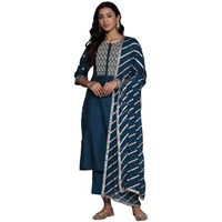 Libas Womens Solid Silk Blend Straight Kurta With Trousers And Dupatta