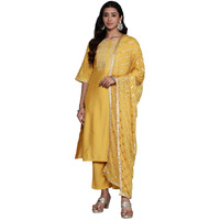 Libas Womens Solid Silk Blend Straight Kurta With Trousers And Dupatta