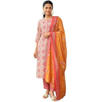 Libas Womens Printed Silk Blend Straight Kurta With Trousers And Dupatta