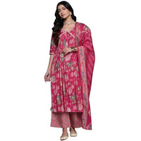 Libas Womens Printed Silk Blend A-Line Kurta With Palazzos And Dupatta