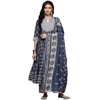 Libas Grey Printed Silk Blend Anarkali Kurta With Palazzos & Dupatta