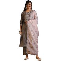 Libas Womens Woven Design Silk Blend Straight Kurta With Trousers And Dupatta