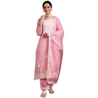 Libas Womens Embroidered Silk Blend Straight Kurta With Trousers And Dupatta