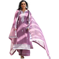Libas Womens Embroidered Silk Blend Straight Kurta With Palazzos And Dupatta