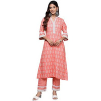 Libas Women's Cotton Blend Printed Kurta Set (35393_Peach