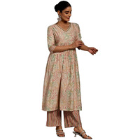 Libas Beige Printed Silk Blend Anarkali Kurta With Palazzos