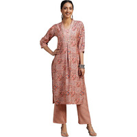 Libas Women Silk Blend Peach Printed Straight Kurta With Palazzos, Xl