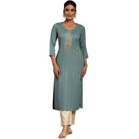 Libas Women's Silk Printed Straight Kurta (37097_Blue