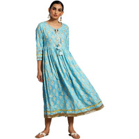Libas Women's Cotton Fit And Flare Midi Dress (37139_Turquoise