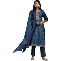 Libas Gerua Womens Embroidered Silk Blend Straight Kurta With Trousers And Dupatta