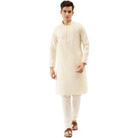 Manyavar Men's Blended Viscose Regular Kurta Set (Sdes377_Cream_M)