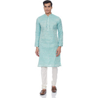 Manyavar Self Design Jacquard Knee Long Full Sleeves Kurta And Churidar Set For Men - (Blue, Xx-Large)