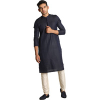Manyavar Jacquard Design Knee Long Full Sleeves Kurta And Churidar Set For Men - (Blue, Small)