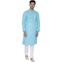 Manyavar Self Design Knee Long Full Sleeves Kurta And Churidar Set For Men - (Firozee, Large)