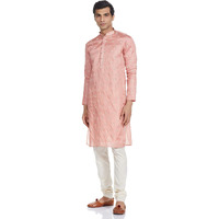 Manyavar Embroidered Design Knee Long Full Sleeves Kurta And Churidar Set For Men - (Pink, Small)