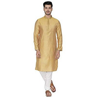Manyavar Self Design Knee Long Full Sleeves Kurta And Churidar Set For Men - (Mustard Yellow, Small)
