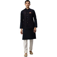 Manyavar Men's Silk Blend Regular Kurta With Churidar And Jacket (Jast155-306-Xxl_Navy Blue_2Xl)