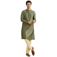 Manyavar Embroidered Knee Long Kurta And Churidar Set For Men - (Bottle Green, Large)