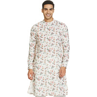 Manyavar Floral Print Full Sleeves Side Opening Casual Wear Kurta For Men - (Cream, Medium)