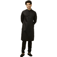 Manyavar Sytlish Solid Pattern Full Sleeves Kurta And Churidar Set For Men - (Black, X-Large)