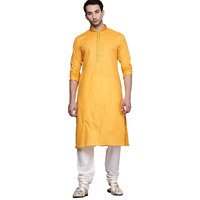 Manyavar Plain Knee Long Kurta And Churidar Set For Men - (Yellow, Xx-Large)