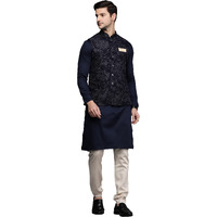 Manyavar Rayon Blend Printed Kurta Churidar With Jacket Set For Men (Black, L)