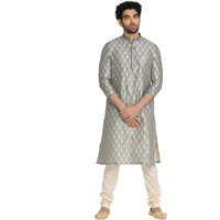 Manyavar Jacquard Print Knee Long Kurta And Churidar Set For Men - (Grey, Xx-Large)