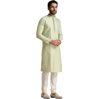 Manyavar Kurta Set For Men, Full Sleeves Mandarin Collar Ethnic Men's Kurta Set For Engagement, Wedding, Party Art Silk All Over Self Design (Green, M)