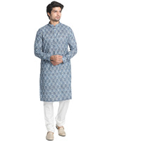 Manyavar Printed Knee Long Full Sleeves Kurta For Men - (Blue,Xx- Large)