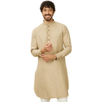 Manyavar Men's Kurta, Full Sleeves Mandarin Collar Ethnic Knee-Length Kurta Only, Kurta For Festival, Wedding, Party & Anniversary, Blended Cotton (Beige, M)
