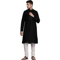 Manyavar Kurta Set For Men, Full Sleeves Mandarin Collar Ethnic Kurta Pajama For Engagement, Wedding, Party All Over Self Design Kurta Set Georgette (Black, M)