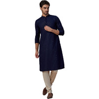 Manyavar Kurta Set For Men, Full Sleeves Mandarin Collar Ethnic Men's Kurta Set For Engagement, Wedding, Party Blended Cotton Embroidery (Blue, S)