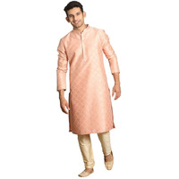 Manyavar Kurta Set For Men, Full Sleeves Mandarin Collar Ethnic Kurta Sets For Engagement, Wedding, Party Kurta Set Art Silk (Peach, Xl)