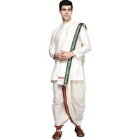 Manyavar Kurta Dhoti Set For Men, Full Sleeves Mandarrin Collar, Art Silk Self Men's Kurta South Dhoti Set (Cream) (M)