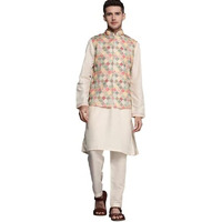 Manyavar Kurta Jacket Set For Men, Full Sleeves Mandarin Collar Ethnic Wear Jacket Set For Festival, Wedding, Party Georgette (Beige, M)