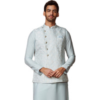 Manyavar Kurta Jacket Set For Men, Full Sleeves Mandarin Collar Ethnic Kurta Jacket Set For Festival, Wedding, Party Blended Viscose (Blue, L)