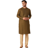 Manyavar Men's Kurta, Full Sleeves Mandarin Collar Ethnic Knee Length Kurta Only, Kurta For Festival, Wedding, Party, Anniversary, Linen (Green, M)