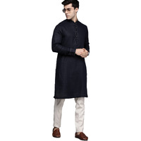 Manyavar Men's Linen Regular Kurta Only (Ml12082-306_Blue_L)