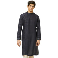 Manyavar Men's Kurta, Long Sleeves Mandarin Collar Ethnic Knee Length Kurta Only, Kurta For Festival, Wedding, Party & Anniversary Blended Linen (Blue, M)