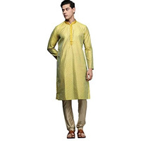 Manyavar Kurta Set For Men, Full Sleeves Mandarin Collar Ethnic Kurta Set For Diwali, Wedding, Party Art Silk (Green, M)