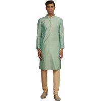 Manyavar Kurta Set, Art Silk Full Sleeves Mandarin Collar Jacquard Ethnic Wear For Men (Green, M)