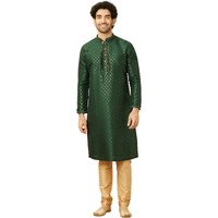 Manyavar Men's Forest Green Buti Printed Kurta Set (2Pcs) (Dark Green,L)