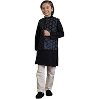 Manyavar Art Silk Print|Embroidery Kurta Jacket Pyjama Set For Child(10-12 Years)
