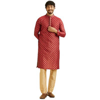 Manyavar Kurta Set For Men, Full Sleeves Mandarin Collar Ethnic Kurta Set For Engagement, Wedding & Partyall Over Self Design Kurta Set Art Silk (Maroon, L)