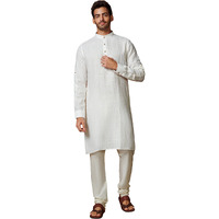 Manyavar Mens Kurta, Full Sleeve Mandarin Collared Ethnic Knee Length Kurta, Linen Kurta For Festival, Wedding, Party, Anniversary (Off White, M)