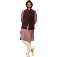 Manyavar Wine Blended Rayon Embroidery|Thread Work Kurta Jacket Pyjama Set For Men